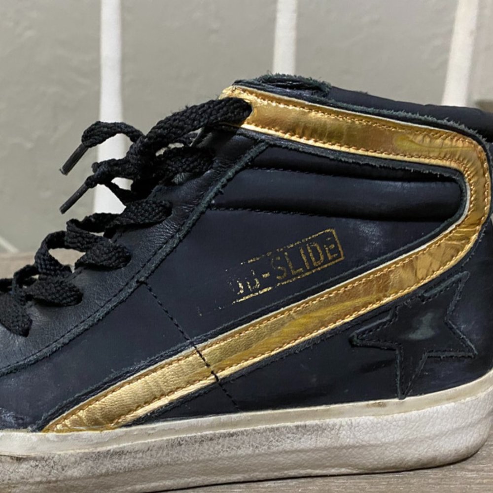 GOLDEN GOOSE Slide Leather & Nylon Sneakers (size 39) black and gold